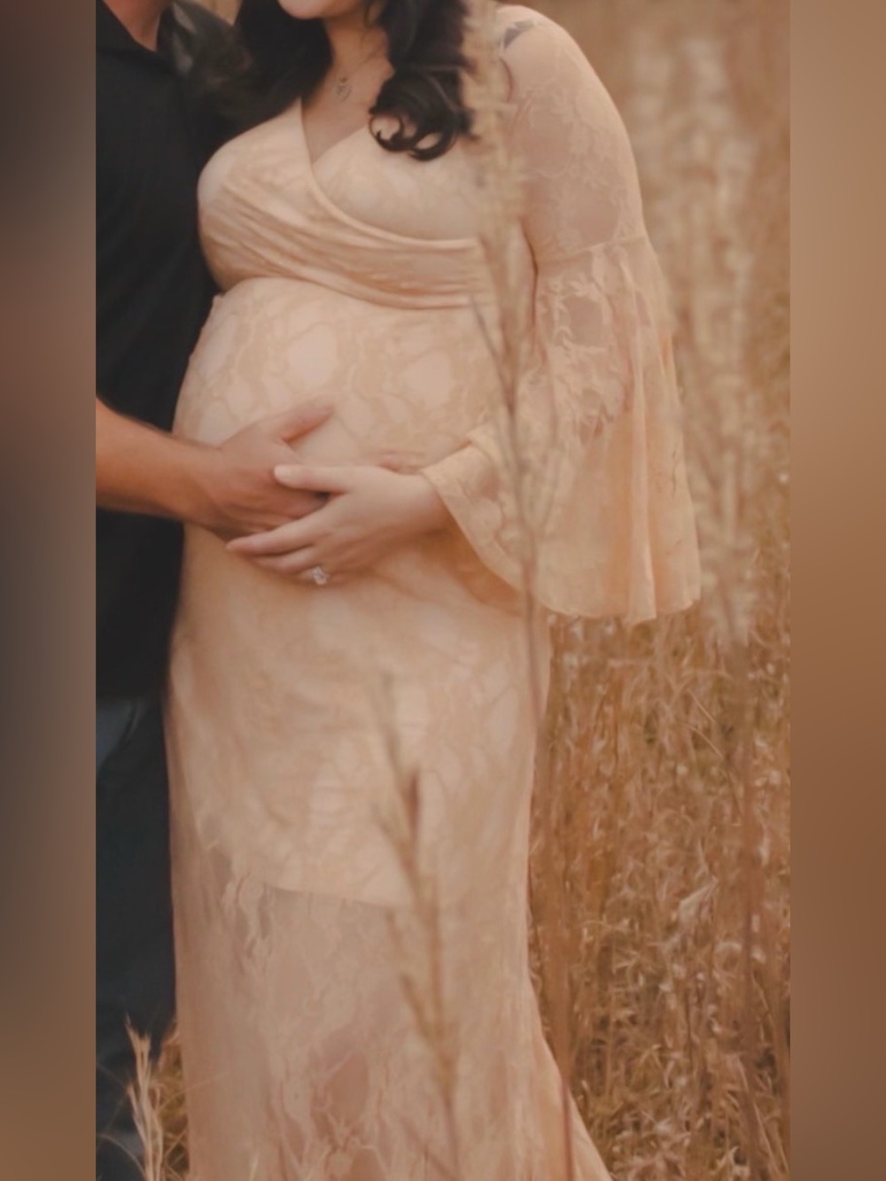 Elegant Long-Sleeve Lace Maternity Gown in Blush
